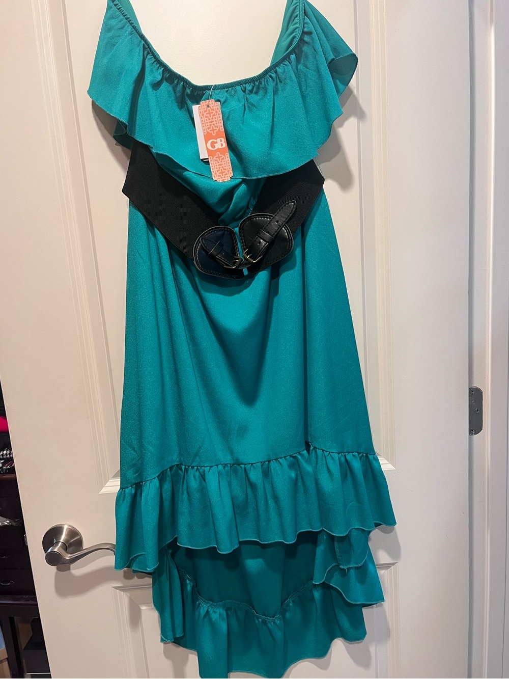 Gianni Bini Teal Ruffle Off-Shoulder Dress with Waistband